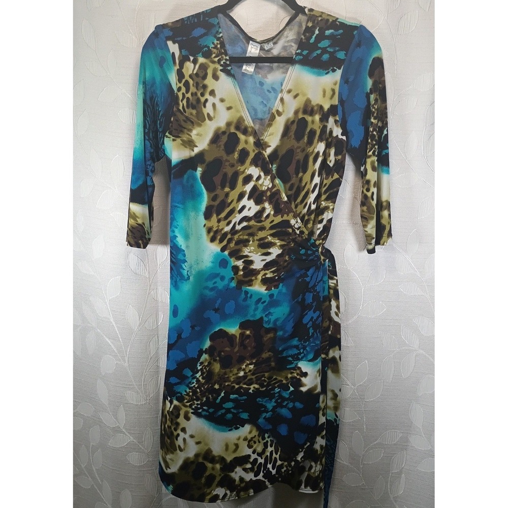 Emma & Michele Womens Blue Animal Print 3/4 Sleeve V-Neck True Wrap Dress Size M